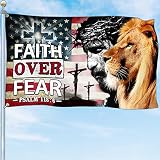 Faith Over Fear Flag Christian Jesus Flag 3x5 Outdoor American Flag with Jesus Double Sided Lion of