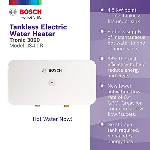 Bosch Thermotechnology 7736505868, 4.5Kw, Bosch Us4-2R Tronic 3000 Electric Tankless Water Heater, 4.5 Kw, 6.6" X 12.8" X 2.9", White #TOP1