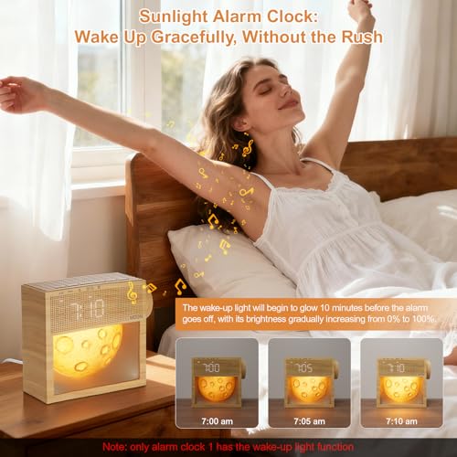 Image of Sunrise Alarm Clock with Sound Machine,White Noise Sound Machine with Night Light for Adults,Kids,Dimmable Moon Lamp for Bedroom,20 Soothing Sounds,Dual Alarms,Snooze, Digital Clock,Wood Grain