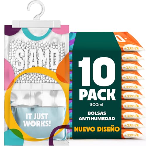 Bolsas Antihumedad Armarios - SIAMO - Deshumidificador colgante, absorbe humedad, moho y olores en armarios, casa, trastero, coche y ropa - Percha absorbente, 120 g, 24x14 cm (Pack 10)