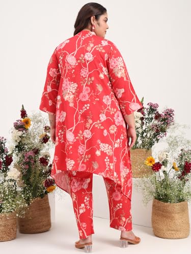 Image of Tissu Women's Plus Size Pure Cotton Red Asymmetrical Top with Trouser Co-ord Set