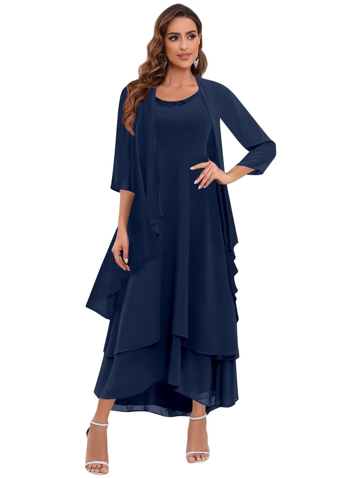 HANVAIOS 2 Piece Mother of The Bride Dresses Tea Length Long Chiffon Formal Dress with Jacket