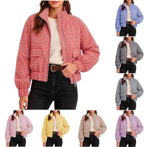 KioraLee Women's Gingham Funnel Neck Bomber Jacket Zip Up Cropped Coat S - image 1