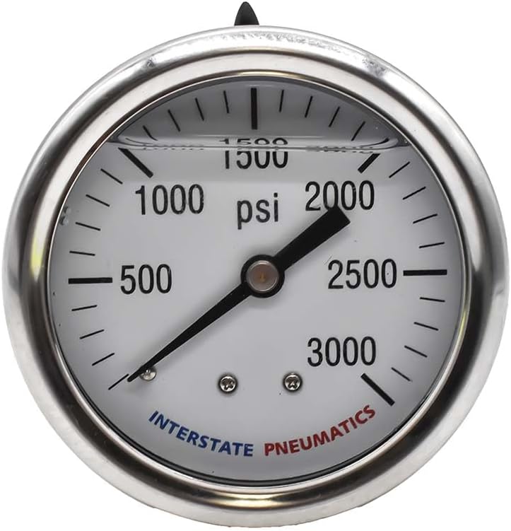 Interstate Pneumatics G7122-3000 Oil Filled Pressure Gauge 3000 PSI 2-1/2 Inch Dial 1/4 Inch NPT Rear Mount
