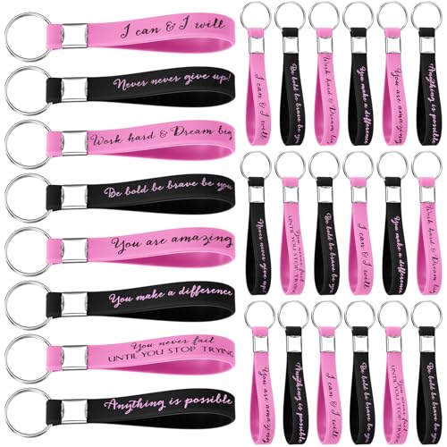 Image of Fumete 24 Pcs Inspirational Keychain Gift Employee Appreciation Gift for Women Motivational Key Rings Thank You Keychain(Black & Pink)