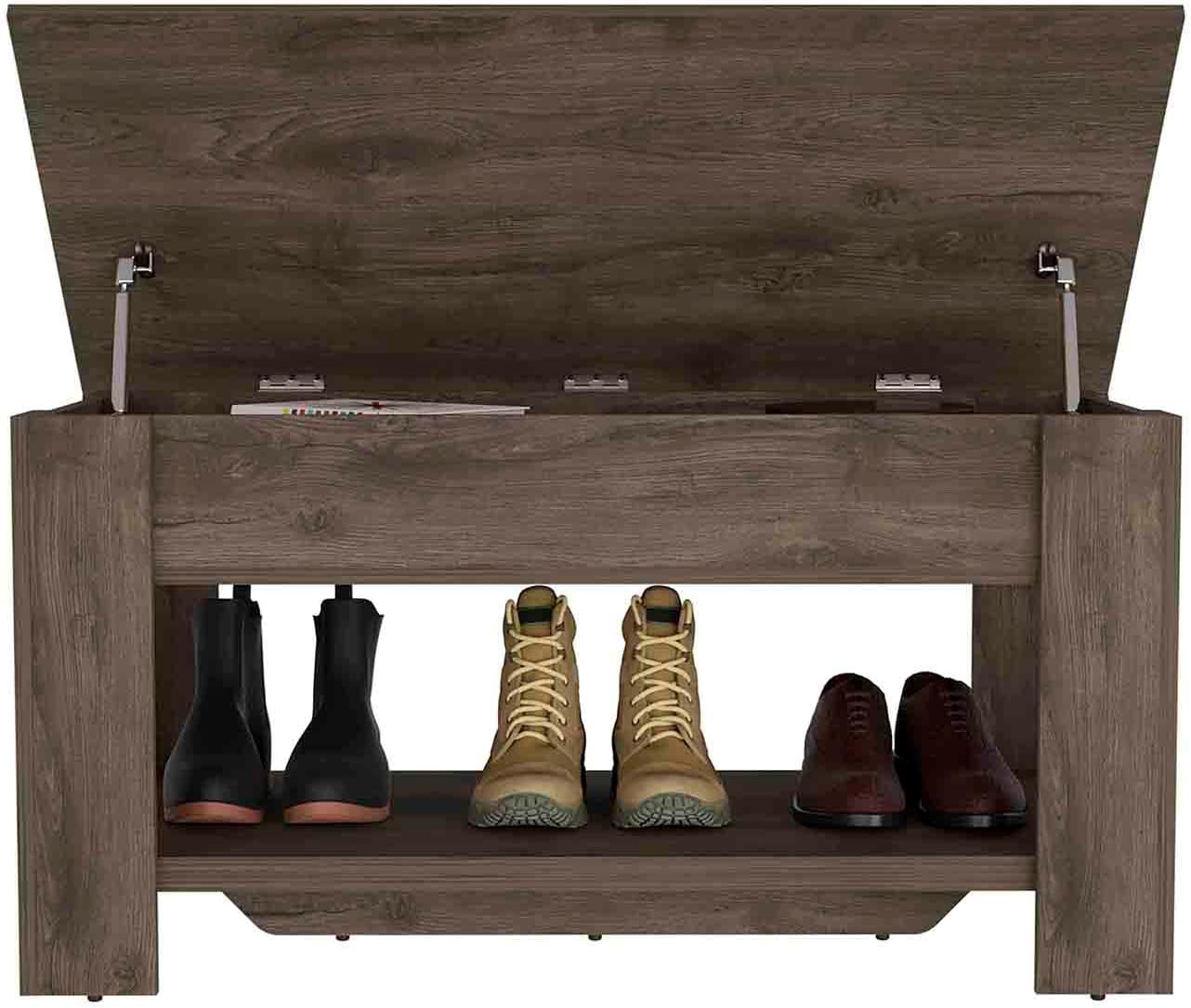 Modern Storage Bench Storage Table, One Extendable Table Shelf, Four Legs, Lower Shelf Dark Brown