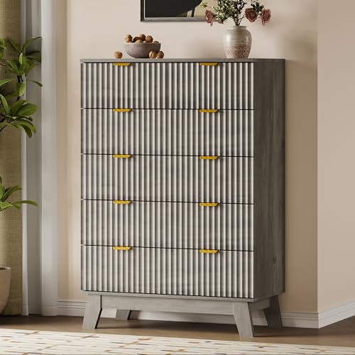 Image of BORNOON 46 inch Tall Dresser for Bedroom, 6-Drawer Fluted Chest of Drawers, Modern Wood Highboy with Deep Storage, Metal Slides and Handles, Anti-Tip Kit, Vertical Clothes Organizer for Apartment, Nursery