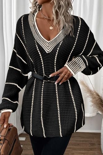 Women's Colorblock Black Striped V Neck Knitted Loose Sweater3