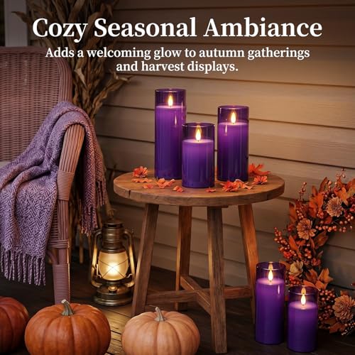 Image of Homemory Purple Flickering Flameless Candles, Battery Operated Acrylic LED Pillar Candles with Remote Control and Timer, Purple Decor, Set of 9