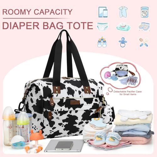 Image of Pritent Diaper Bag Tote - Diaper Baby Bags with Pacifier Case, Shoulder Straps, Stroller Clips, Waterproof Large Mommy Maternity Bag Travel Baby Bag for Mom and Dad, Cowprint, Medium