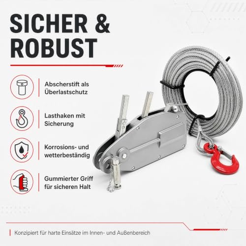 Foto von Wiltec Seilzug bis 800 kg Seilwinde mit 20 m Seil, Handseilwinde mit Ø 8,3 mm Stahl-Seil, Forstseilwinde mit Abscherstift, Handseilzug mit Lasthaken