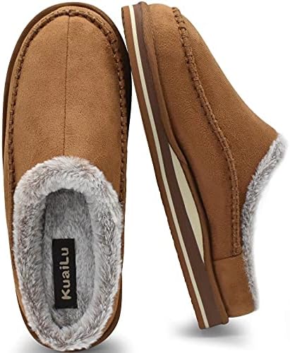 KuaiLu Mens Memory Foam Clog Slippers Comfy Handmade Stitch Microsuede Slip-on House Shoes With Arch Support Warm Faux Fur Lined Rubber Sole Indoor Outdoor Khaki Size 8