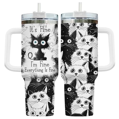 34HD Funny Black Cat 40oz Tumbler with Handle and Straw, Everything Is Fine Stainless Steel Vacuum Insulated Cup, Birthday & Mothers Gifts for Pet Lovers, Him Her and Mom