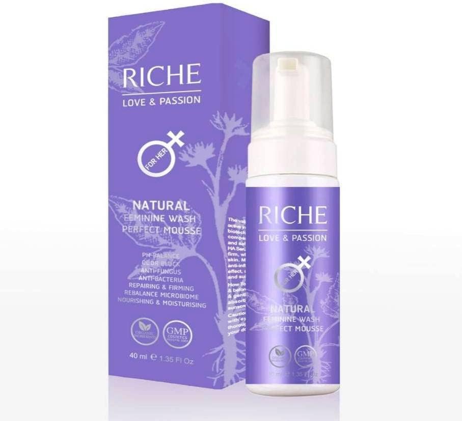 NATURAL FEMININE WASH PERFECT MOUSSE Riche Organic & Natural Intimate Cleansing Mousse Confident in love every day 1.35 Fl Oz 1 bottle (For Her, light purple bottle)