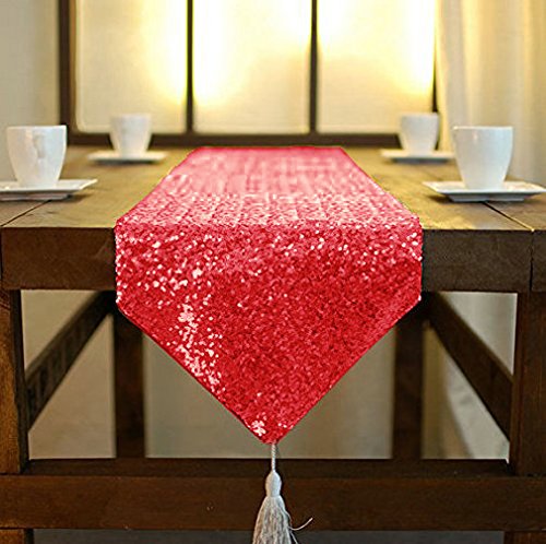 Camino de mesa ShinyBeauty de lino con lentejuelas brillantes, color rosa, 30 x 180 cm, con borlas, para mesas de fiesta, boda, banquete o decoración, Rojo, 30x180cm