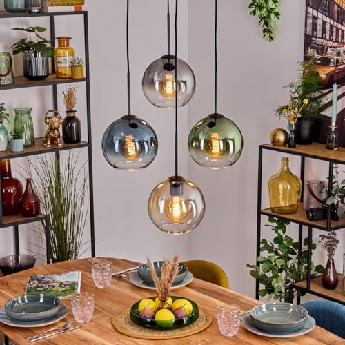Suspension 4 lumières Koyoto boule lumineuse en verre ambre vert bleu clair fumé