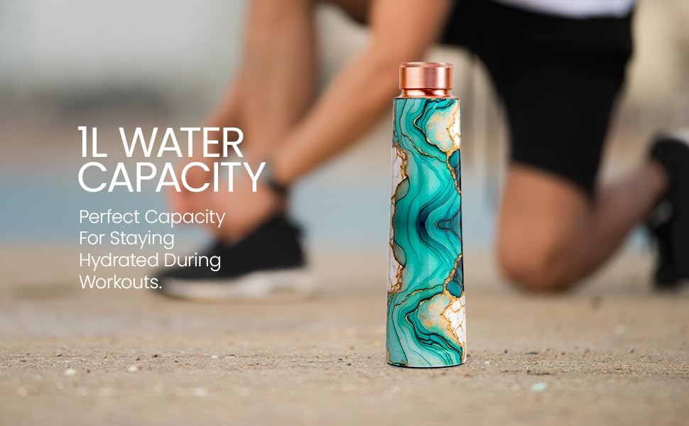 Miniatura 3 de Botella de agua 100% cobre  Botella ayurvédica hecha a mano con elegante acabado de mármol de malaquita  Sin BPA, a prueba de fugas, 32 onzas  para