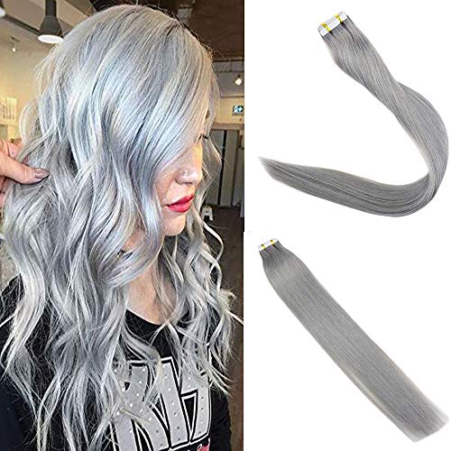 Easyouth Double Sided Glue Hair Extensions 20" Pure Color Silver Tape Remy Hair Extensions Straight Brazilian Hair Tape in Invisible 25g/pack