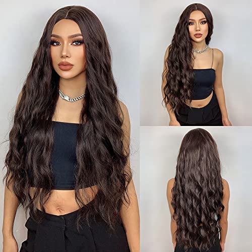 Brown Long Wigs for Women，Brown Wavy Curly Wig Like Natural Human Hair，Synthetic Heat Resistant Fiber Wigs，Brown Middle Part Headband Wigs for Daily Party Use…