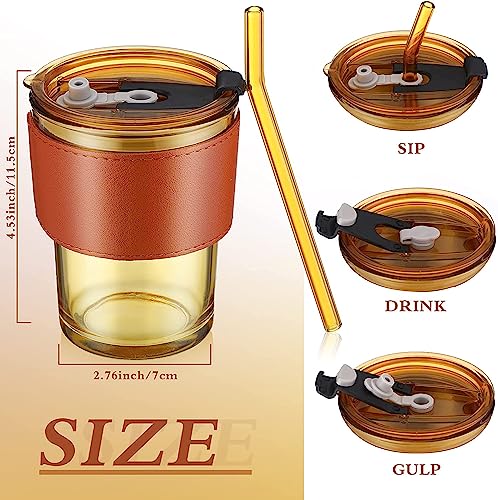 Image of Kamvy Reusable Glass Tumbler with Lid & Straw Pack of 1, 400ml Multipurpose Drinking Glasses Coffee Mug Sipper with Leather Grip for Juice Smoothies Iced Tea Indoor & Outdoor Cup (Amber)