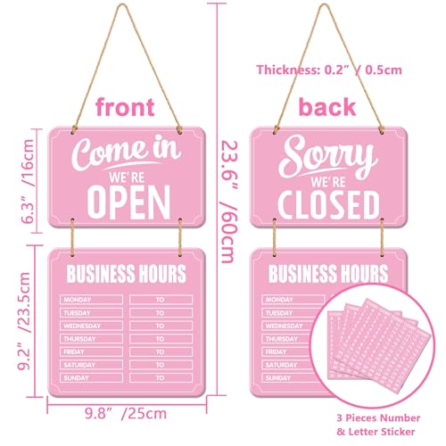 Lesnala Business Hours Sign Hanging Open and Closed Mark Wooden Double Sided with Time Stickers for Coffee Bar Shop Door Window Restaurant Pink