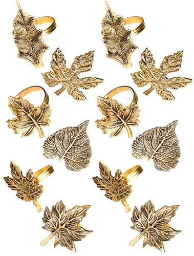 ALPHA Living HOME 12-Piece Metal Napkin Rings - Antique Gold Harvest Leaf Napkin Rings - Decorative Table Accents for Holiday Party, Dinner, Family Gatherings, Table Décor Weddings & Everyday Use