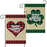 2Pcs Holiday Garden Flags Happy Valentine’s Flag Happy St. Patrick's Day Banners Burlap Yard Signs Vertical Double Sided House Flags Seasonal Festive Decorations for Indoor Outdoor Lawn, 12 x 18 inch