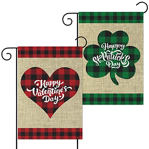 2 Stück UrlaubsGartenflaggen Happy Valentine's Flag Happy St. Patrick's Day Banner JuteHofschilder vertikale doppelseitige Hausflaggen saisonale festliche Dekorationen für drinnen und draußen, 30,5