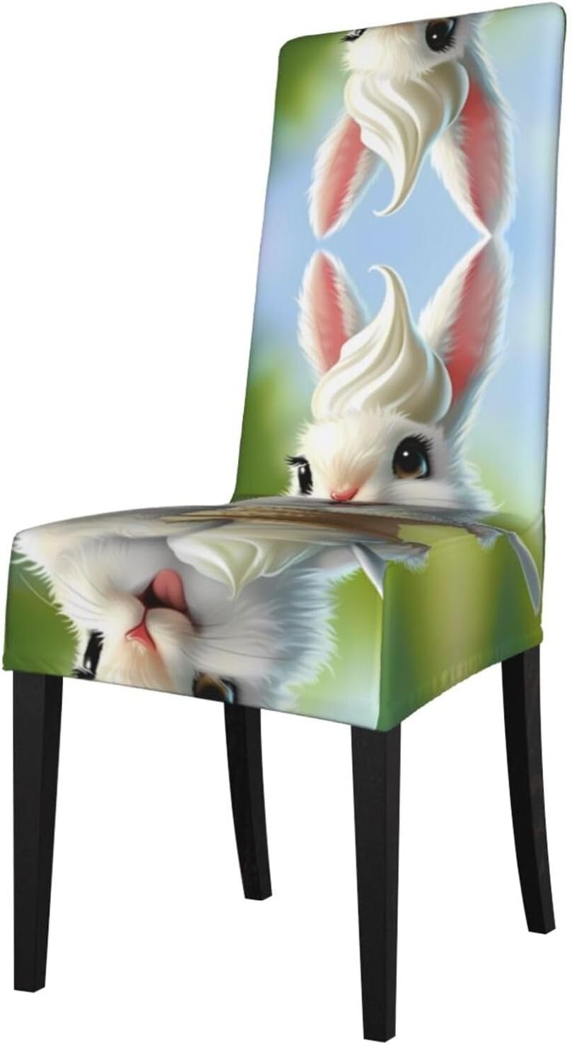 Bunny Eating Ice Cream Prints Protection Cover for Dining Chair - Stretchable Chair Throw Covers for Dining Room, Hotel Event Party