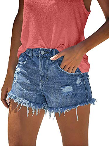 Image of onlypuff Women Denim Shorts Ripped Mid Waisted Jean Shorts with Pockets