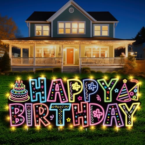 Large Happy Birthday Yard Sign with Stakes Glow Happy Birthday Decorations Outdoor Lawn Garden Signs with LED Lights for Men Women Boys Girls Birthday Party Supplies Decor Outdoor Indoor Front Home