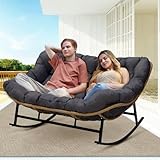 BULEXYARD Double Papasan Rocking Chair Indoor Outdoor 700lbs, 2 Person Wicker Rocking Egg Chair with Dark Grey Thick Cushion, Oversized Large Patio Lounge Loveseat for Balcony, Porch, Garden, Lawn