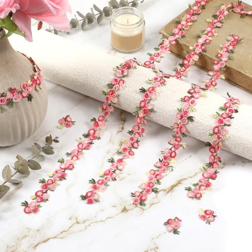5 Yards Pink Floral Lace Ribbon for Crafts Flower Lace Trim Embroidered Ribbon Fabric Trims and Embellishments for Appliques Sewing Edging Craft Wedding DIY Party Decor Clothes Decoration