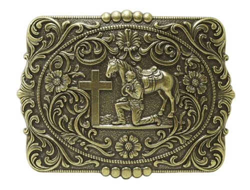 Image of Moranse Cross Cowboy Kneeling Prayer Horse Zinc Alloy Belt Buckles