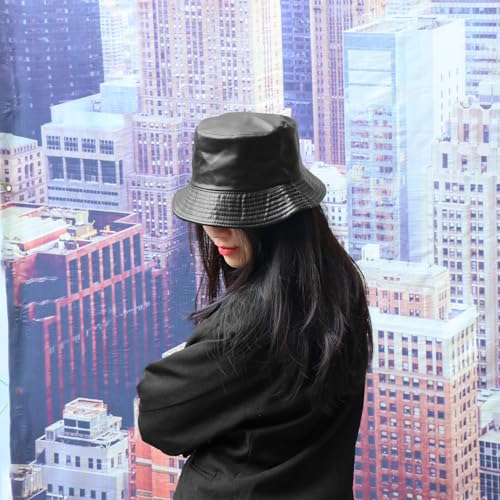 Image of Unisex Black Bucket Hat Waterproof Rain Hat Reversible Shiny Rave Bucket Hat for Concert Festival