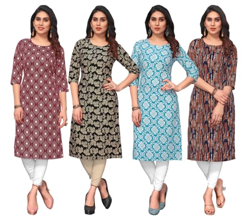 Image of JAKHANA Women's Crepe Printed Casual Straight Calf Length Round Nick Kurta Pack of 4