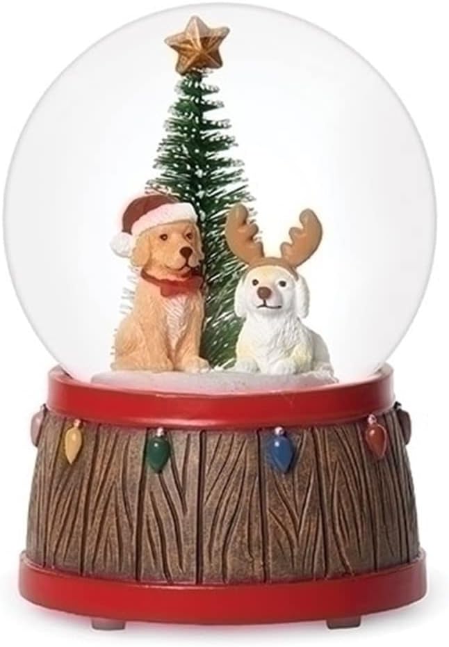 Roman Musical Dog with Hat and Antler Wind Up Snow Globe, 100mm, 5-inch Height, Christmas Decoration