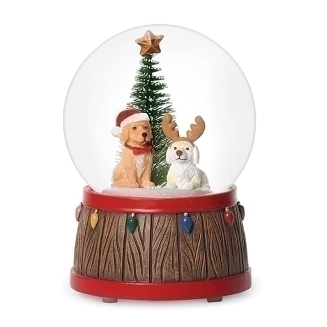 Roman Musical Dog With Hat And Antler Wind Up Snow Globe, 100mm, 5