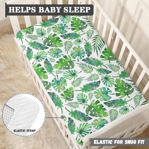 Image of Tropical Leaf Baby Crib Sheets for Boys Girls Green Leaves Fitted Crib Sheet for Standard Crib and Toddler Mattress Cute Plants Leaf Baby Mattress Sheets Toddler Bed Sheet 52x28x8 in