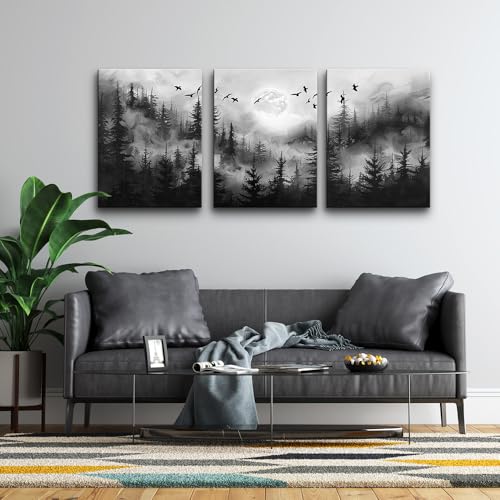 DZRWUBHS Black And White Wall Paintings Wall Art For Living Room Canvas Wall Decor For Bedroom Modern Office Decorations Misty Forest Landscape Abstract Wall Pictures Wall Hanging Room Home Decor