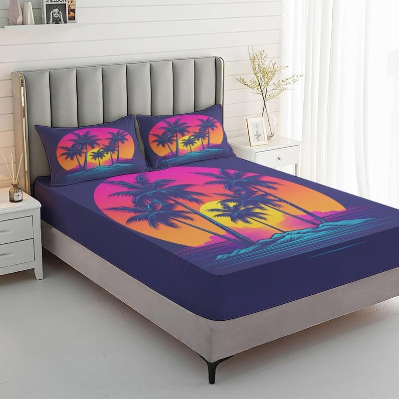 Miniatura 2 de Juego de sábanas tamaño Queen con estampado de palmera tropical, sábanas de microfibra suave, bolsillo profundo, sábanas y fundas de almohada, 1