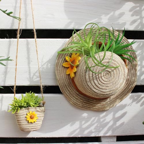 YOYLMAL Boho Straw Sun Hat and Woven Bag Shaped Resin Wall Planter, Unique Hanging Flower Succulent Pot for Indoor Outdoor Plants, Morden Home Decor