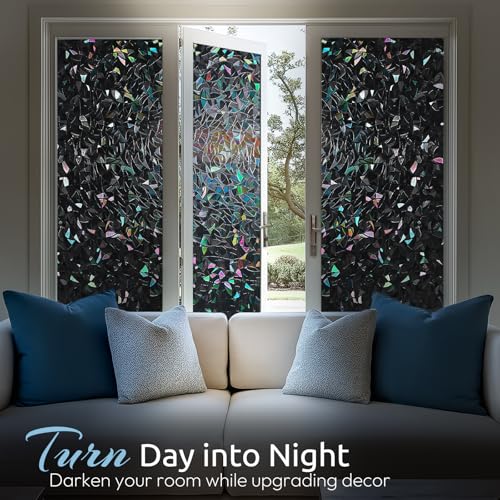 Image of rabbitgoo Rainbow Window Privacy Film, Stained Cling, Black, 17.5 inch x 157.4 inch | Decorative Static Sticker, Non-Adhesive Reusable Window Tint, Heat Control UV Blocking Coverings for Home Doors, Living Room