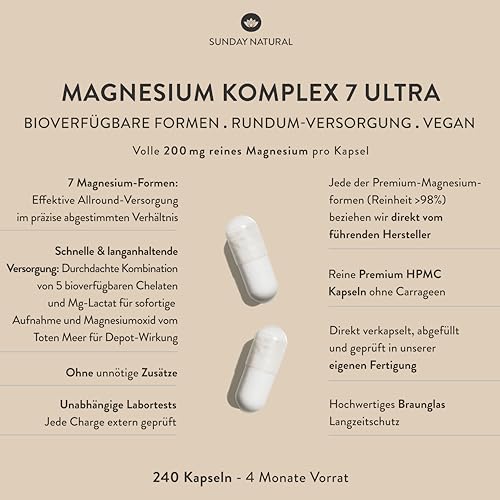 SUNDAY NATURAL® Magnesium Komplex – 240 Kapseln - 400mg pro Tag - aus 7 Verbindungen: Magnesium Bisglycinat, Citrat, Malat, Laktat, Ascorbat, Oxid, Lysinat - Vegan, laborgeprüft – Bild 3