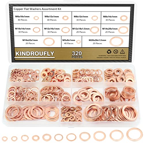 320 Pieces Copper Metric Flat Washers, Sealing Washers, Kindroufly 11 Sizes Copper Washers, Metal Washers Assortment Kit (M5 M6 M8 M10 M12 M14 M16 M20) #TOP12