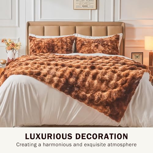 Image of EMME Faux Fur Blanket King Size Tie Dye Dark Brown - Big Bubble Rabbit Cozy Blanket for Couch, Thick Furry Plush Shaggy Blankets, 650GSM, 108x90 Inches