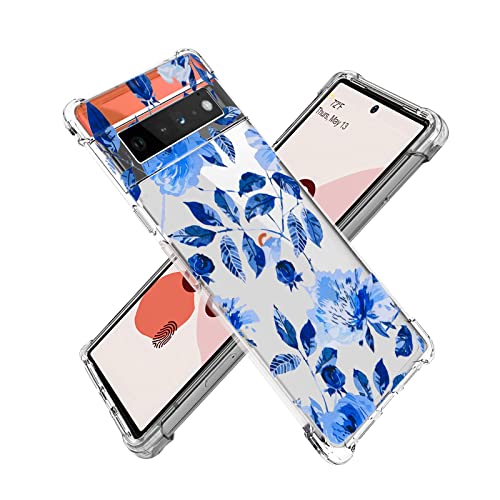 CameCosy Floral Case for Google Pixel 6 with Blue Flower Leaves Pattern for Women Girls, Clear Slim Soft TPU Bumper Shockproof Case Cover for Google Pixel 6 6.4inch