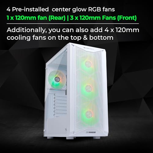 Image of ZEBRONICS Tempered Glass Invader Mid-Tower Premium Gaming Cabinet Eatx /ATX /Matx, 3X 120Mm Front + 1X 120Mm Rear Fan, Argb Inner Glow, RGB Led Control, Magnetic Dust Filter(White)