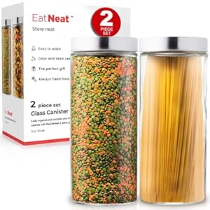 EatNeat Set of 2 Glass Food Storage Containers with Stainless Lids – Versatile Kitchen Canisters for Pasta, Spaghetti, Flour, Sugar – Durable Tall Glass Containers for Pantry Organization, 72oz Clear