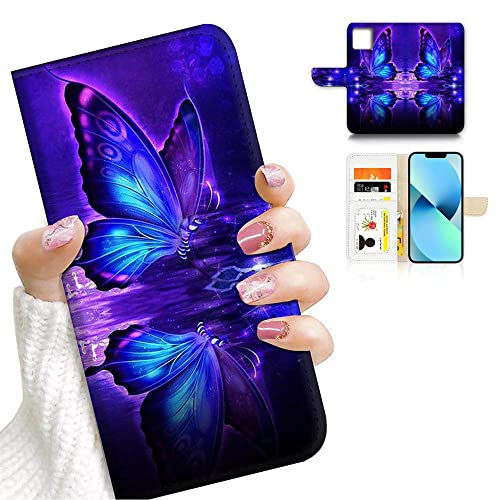 AJOURTEK for iPhone 13 Art Designed Flip Wallet Style Cover Case Fancy Flower Full Body Protection AD003 (#24885 Butterfly)